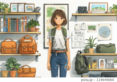 バックパックと本棚を持つかわいい女の子 バックパックと本棚を持つかわいい女の子 114649060