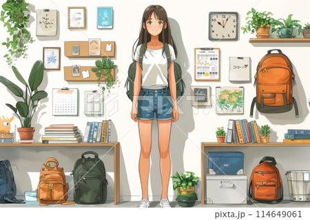 バックパックと本棚を持つかわいい女の子	 114649061