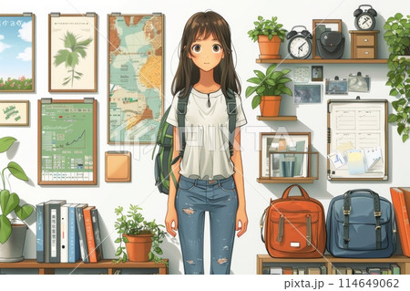 バックパックと本棚を持つかわいい女の子	 114649062