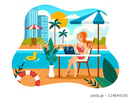 Freelance Workers Relaxing by the Swimming Pool Vector Illustration with Drinking Cocktails and Using Laptops in a Flat Cartoon Style Background Freelance Workers Relaxing by the Swimming Pool Vector Illustration with Drinking Cocktails and Using Laptops in a Flat Cartoon Style Background 114649105
