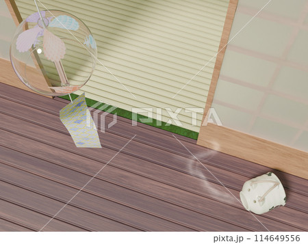 風鈴と蚊やり豚のある夏の縁側の3DCG風景俯瞰 114649556