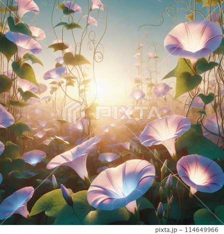 朝陽に照らされる朝顔 朝陽に照らされる朝顔 114649966