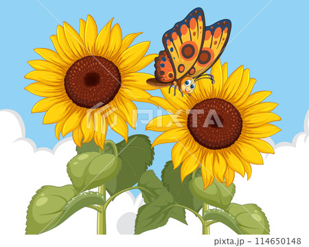 Butterfly on Sunflowers Under Blue Sky 114650148