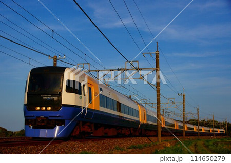 青空と夕陽に映える特急わかしお（255系） 114650279