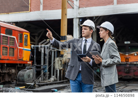 Railway technician engineer wearing safety uniform. 114650898