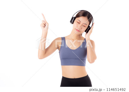 Portrait beautiful young asian woman wearing headphone for listening music while workout. Portrait beautiful young asian woman wearing headphone for listening music while workout. 114651492