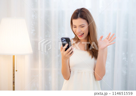 Young asian woman walking using smart phone for video call in living room at home. Young asian woman walking using smart phone for video call in living room at home. 114651559