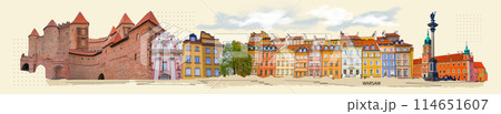 Collage about old colorful historic houses at old town market square, Warsaw, Poland 114651607