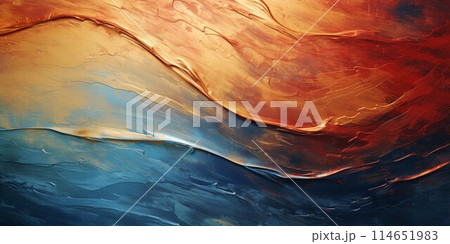 立体的な油絵・抽象背景横長バナー）赤・金色・青緑・ダークブルーのカーブ。AI生成画像 114651983