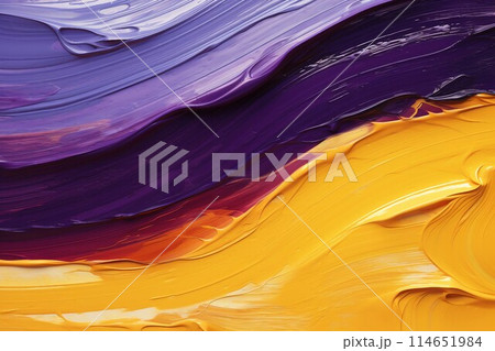 立体的な油絵・抽象背景バナー）エネルギッシュな紫と黄色のカーブ。AI生成画像 114651984