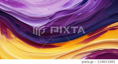 立体的な油絵・抽象背景横長バナー）エネルギッシュな紫と黄色のカーブ。AI生成画像 114651985