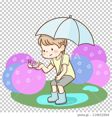 一個孩子撐著繡球花和蝸牛的傘 一個孩子撐著繡球花和蝸牛的傘 114652004