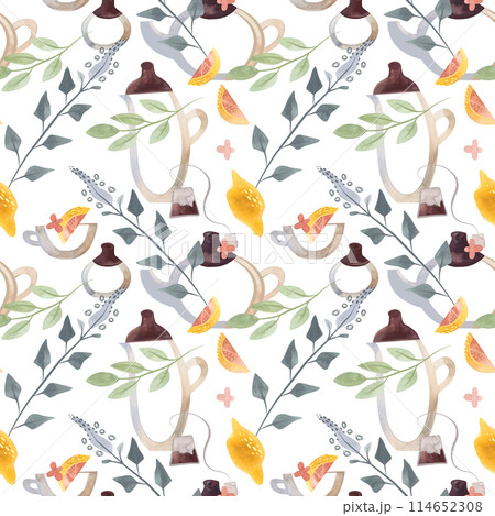Herb tea. Melissa, mint, glassware, leaves and lemon slices. Seamless watercolor pattern for fabric, wallpaper, wrapping paper, packaging cosmetics, tablecloths, curtains and home textiles. Herb tea. Melissa, mint, glassware, leaves and lemon slices. Seamless watercolor pattern for fabric, wallpaper, wrapping paper, packaging cosmetics, tablecloths, curtains and home textiles. 114652308