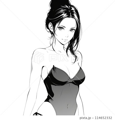 水着でポーズをとる水着の若い女性の線画 114652332
