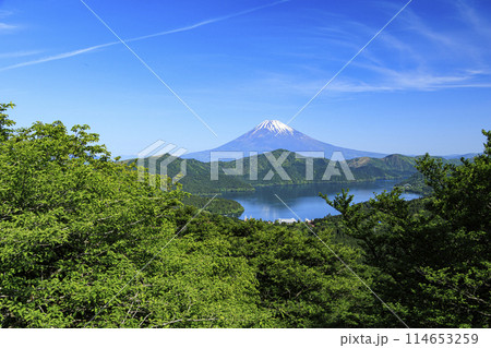 神奈川県足柄下郡箱根町の富士見峠から見た芦ノ湖と富士山 114653259