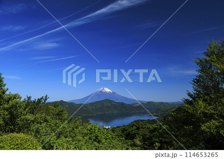 神奈川県足柄下郡箱根町の富士見峠から見た芦ノ湖と富士山 114653265