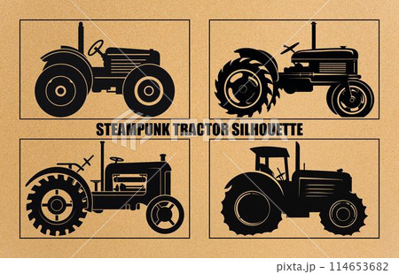 Steampunk Tractor Silhouette, Tractors Vector Silhouette,Tractor Silhouettes Modern and Antique, 114653682