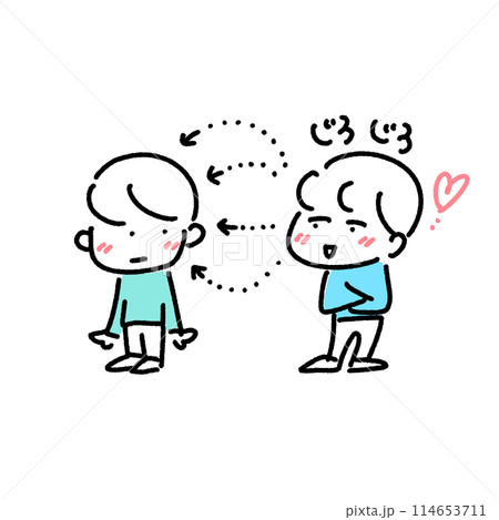 漫画風　ジロジロ見る男性　見られる男性　好意　じろじろ　シンプルで可愛い線画イラスト 114653711