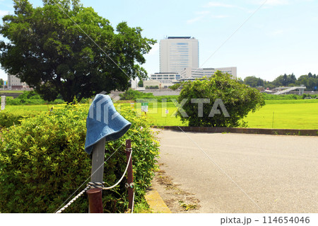 土手下公園の道端の柵に忘れられた青い帽子が架かっている 土手下公園の道端の柵に忘れられた青い帽子が架かっている 114654046