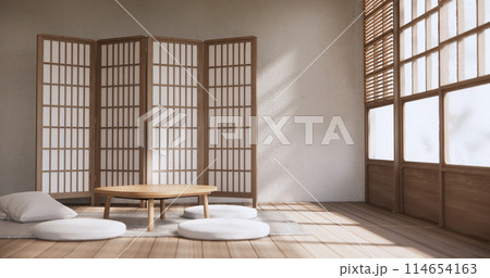 low table in room Japanese style with lamp. 3D rendering low table in room Japanese style with lamp. 3D rendering 114654163