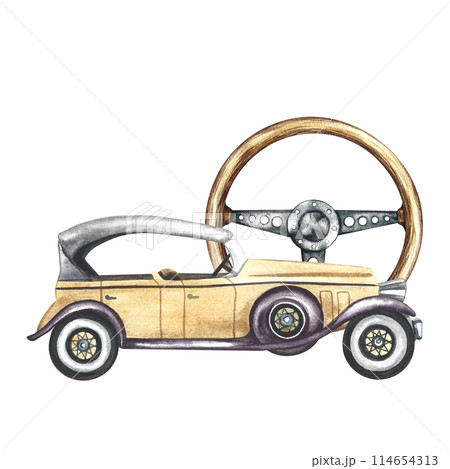 Vintage retro car in ochre color. Wooden retro...のイラスト素材 [114654313 ...