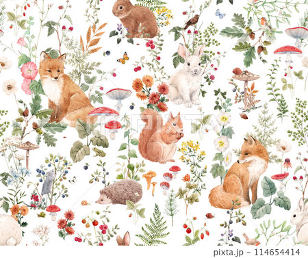 Large size wall mural with hand drawn watercolor forest animals and plants. Stock illustration. 114654414