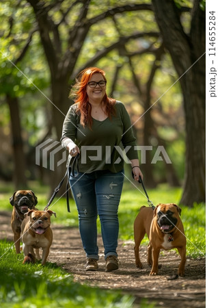 happy overweight woman with red hair and glasses walking three dogs in the park. 114655284
