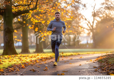 A man in athletic wear jogging on an outdoor path through the park at sunrise, with trees and grass around him. 114655285