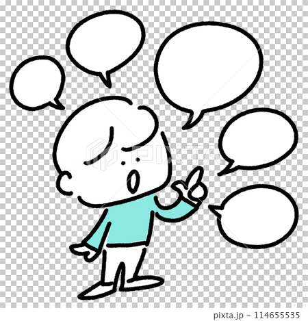 漫畫風格的男人表達許多意見，講話泡泡，線條，全身，簡單可愛的線條畫插圖 114655535