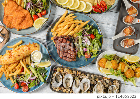 Appetizing cuisine, delicious diet, fresh fruit, healthy eating, nutritious seafood, and vibrant vegetables. 114655622