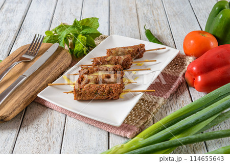 Soya Veg Kebabs are savory and protein-rich appetizers made from a mixture of textured vegetable protein (TVP) or soy chunks and assorted vegetables Soya Veg Kebabs are savory and protein-rich appetizers made from a mixture of textured vegetable protein (TVP) or soy chunks and assorted vegetables 114655643
