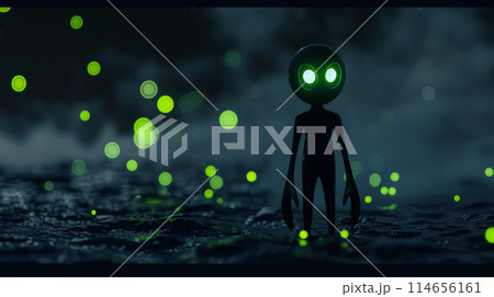 Ethereal Watcher: Black Stick Figure with Neon Blue Glowing Eyes. Generative AI Ethereal Watcher: Black Stick Figure with Neon Blue Glowing Eyes. Generative AI 114656161