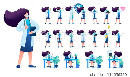 Set of Woman doctor. Presentation in various in various poses and actions. 2D Flat character vector illustration N6 Set of Woman doctor. Presentation in various in various poses and actions. 2D Flat character vector illustration N6 114656330