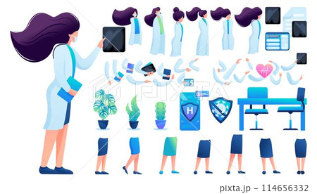 Constructor for creating a doctor women. Create your own character with a Set of hands and feet. Flat 2D vector illustration N11 Constructor for creating a doctor women. Create your own character with a Set of hands and feet. Flat 2D vector illustration N11 114656332