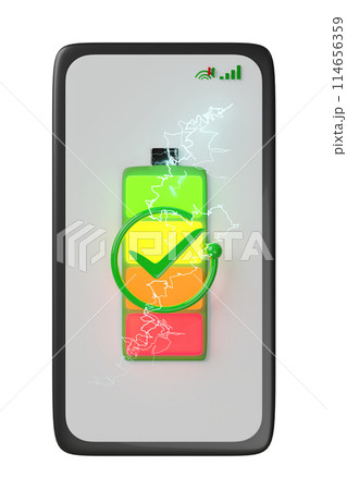 3d smartphone or mobile phone charging with battery charge indicator, check mark, thunder isolated. charging battery technology concept, 3d render illustration 114656359