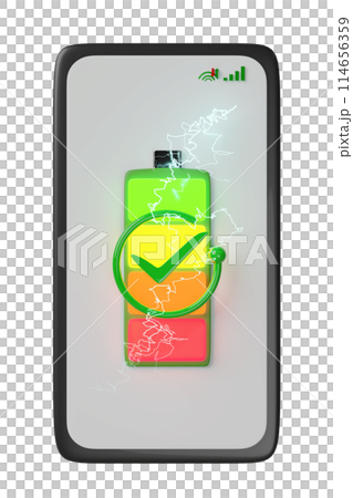 3d smartphone or mobile phone charging with battery charge indicator, check mark, thunder isolated. charging battery technology concept, 3d render illustration 114656359