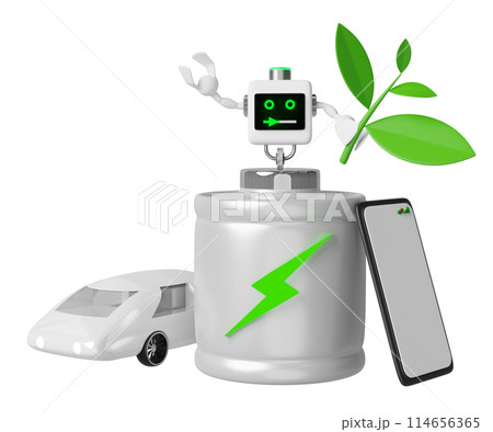 alkaline battery charge indicator with smartphone, electric car, robot, tree, thunder isolated. charging battery technology concept, 3d illustration render 114656365
