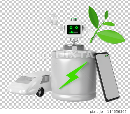 alkaline battery charge indicator with smartphone, electric car, robot, tree, thunder isolated. charging battery technology concept, 3d illustration render 114656365