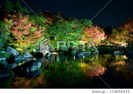 好古園のライトアップされた紅葉と滝 好古園のライトアップされた紅葉と滝 114656433