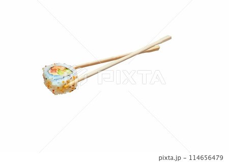 Wooden chopsticks with a piece of sushi. East Asian food, delivery 114656479