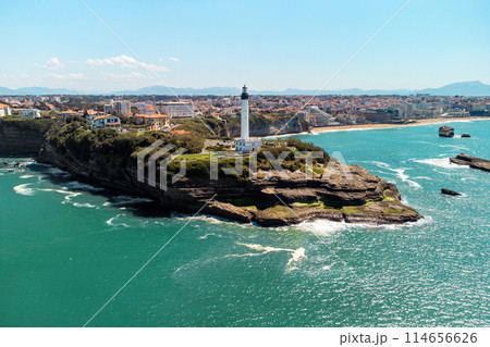 Aerial view of Biarritz lighthouse and coastline, Aquitaine, France.  114656626