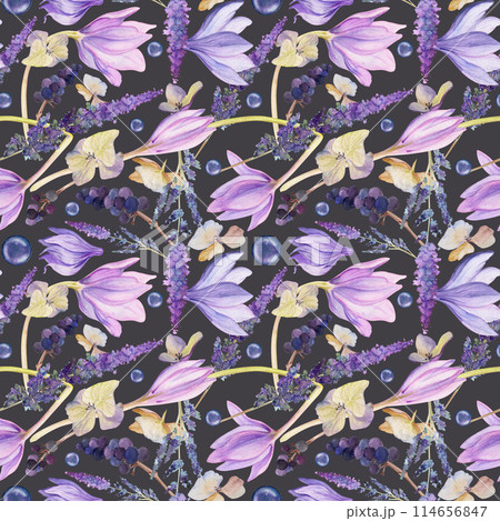Hand drawn watercolor illustration shabby boho botanical flowers leaves. Crocus saffron rose hip veronica hortensia lavender berries. Seamless pattern isolated on dark . Design wedding, paper, fabric 114656847