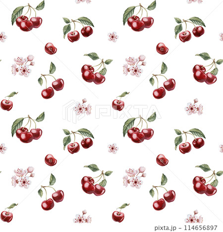 Cherry berries with flowers and leaves, watercolor floral seamless pattern on white background with spring blossom for table textile, delicious prints, summer fabrics, wrapping paper and food packages Cherry berries with flowers and leaves, watercolor floral seamless pattern on white background with spring blossom for table textile, delicious prints, summer fabrics, wrapping paper and food packages 114656897