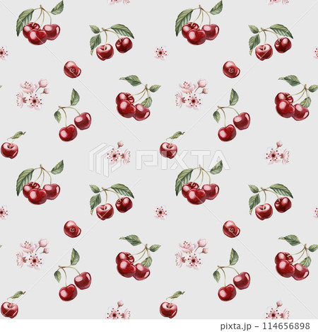 Cherry berries with flowers and leaves, watercolor floral seamless pattern on blue background with spring blossom for table textile, delicious prints, summer fabrics, wrapping paper and food packages Cherry berries with flowers and leaves, watercolor floral seamless pattern on blue background with spring blossom for table textile, delicious prints, summer fabrics, wrapping paper and food packages 114656898