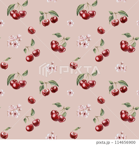Cherry berries with flowers and leaves, watercolor floral seamless pattern on peach pink background with spring blossom for table textile, delicious prints, fabrics, wrapping paper and food packages Cherry berries with flowers and leaves, watercolor floral seamless pattern on peach pink background with spring blossom for table textile, delicious prints, fabrics, wrapping paper and food packages 114656900