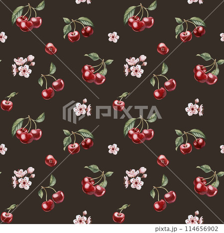 Cherry berries with flowers and leaves, watercolor floral seamless pattern on dark background with spring blossom for table textile, delicious prints, summer fabrics, wrapping paper and food packages 114656902