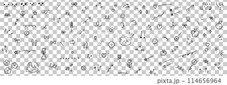 かわいい手描きの飾りイラストのベクターイラストセット。子供、キラキラ、装飾、花、犬、星、ハート 114656964