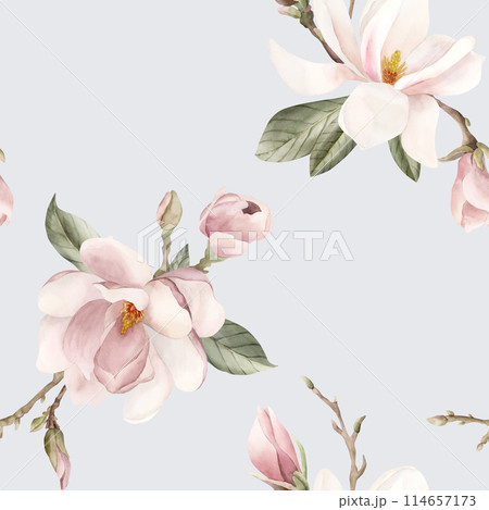 Light pink magnolia flower, buds, sprigs and leaves. Watercolor floral seamless pattern on blue background. Spring blossom for floral fabric, cosmetic packaging, wrapping paper and home textile Light pink magnolia flower, buds, sprigs and leaves. Watercolor floral seamless pattern on blue background. Spring blossom for floral fabric, cosmetic packaging, wrapping paper and home textile 114657173