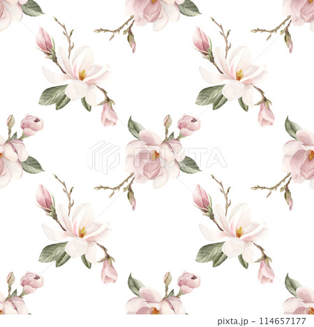 Light pink magnolia flower, buds, sprigs and leaves. Watercolor floral seamless pattern on white background. Spring blossom for floral fabric, cosmetic packaging, wrapping paper and home textile 114657177