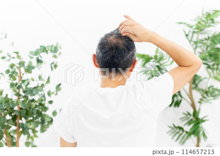 ミドル男性 ヘアケア 後ろ姿 ミドル男性 ヘアケア 後ろ姿 114657213